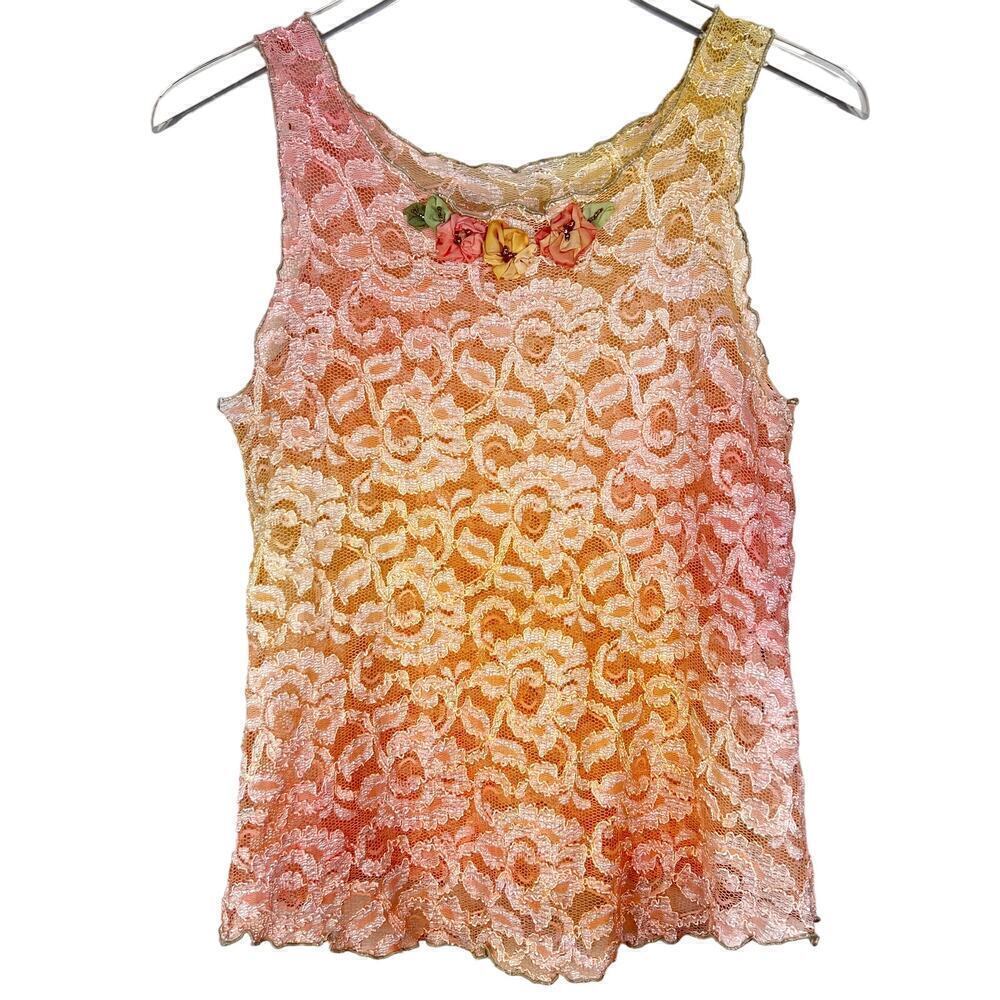 Robin Kaplan Ombre Dye Lace Sleeveless Blouse Tank Floral Rose Applique Pink